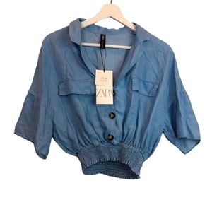 Zara Chambray Blue Buton Down Crop Top New